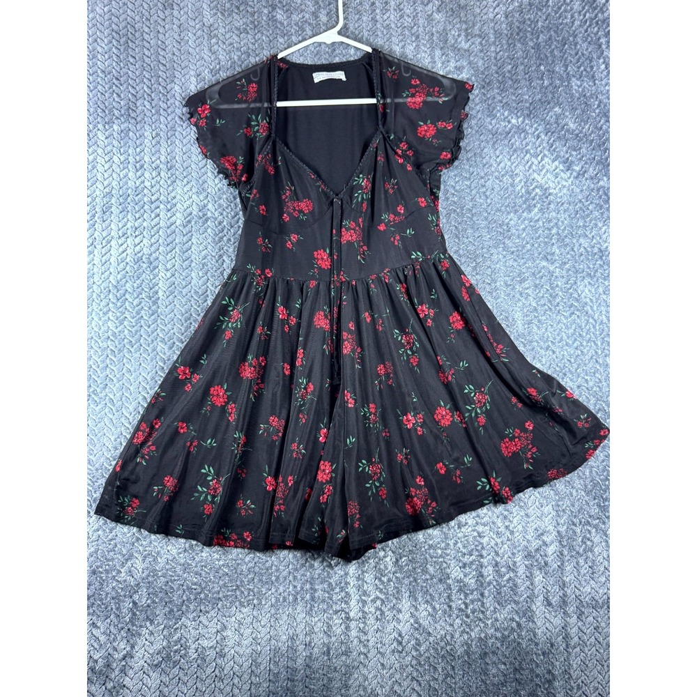 Urban Outfitters Mini Dress Womens M Black Floral Stretch Tie Front Cap Sleeve